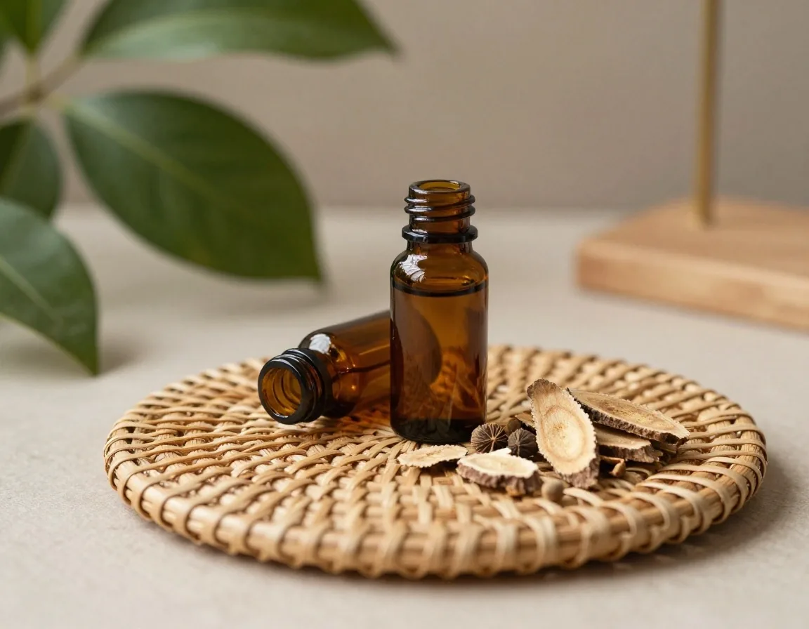 A small amber bottle on its side beside dried root slices and seeds on a birch plank