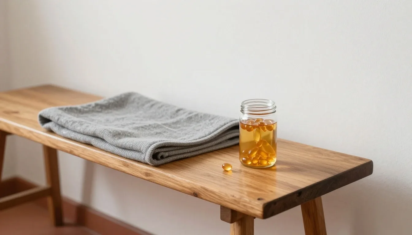 A glass jar of amber softgel capsules on a birch plank beside a folded wool cloth in warm studio daylight