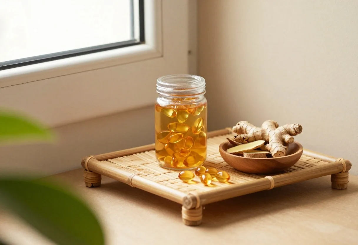 A glass apothecary jar on a birch plank beside a folded wool cloth in warm studio light