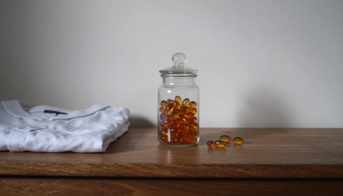 A glass apothecary jar of amber softgel capsules on a birch plank against a chalk studio sweep