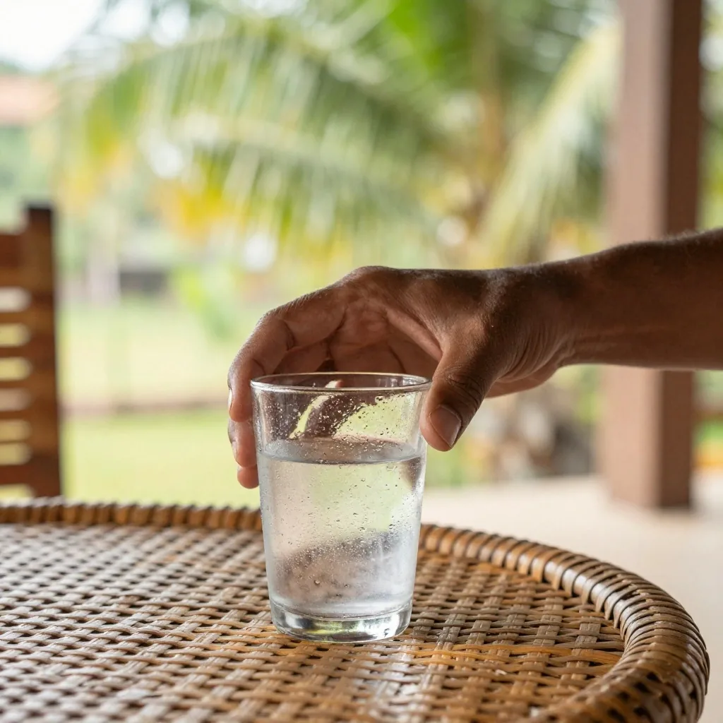 A plain clear glass of water with condensation on a chalk-white surface and a birch ramp behind