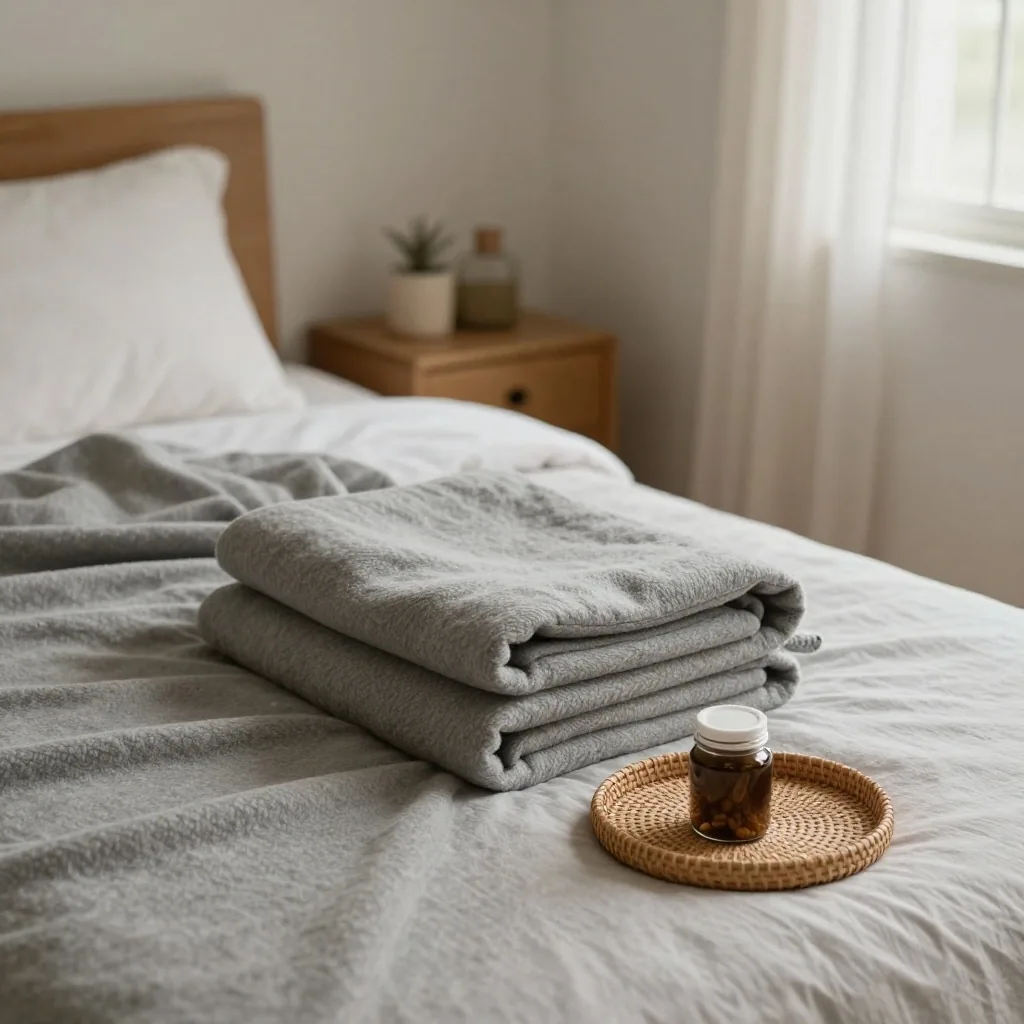 A folded grey wool blanket resting beside a small glass jar on a chalk surface