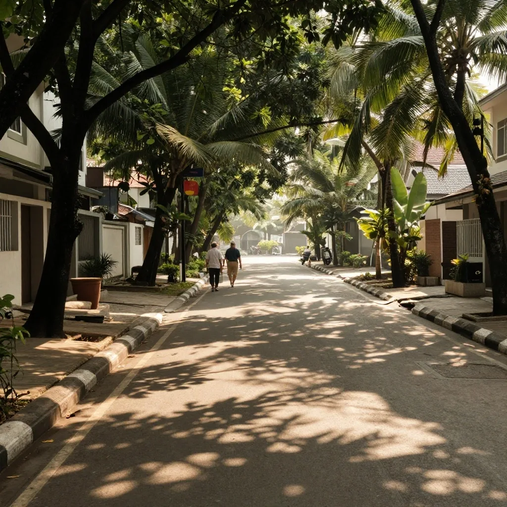 A quiet residential street with dappled tropical shade, a morning walking route