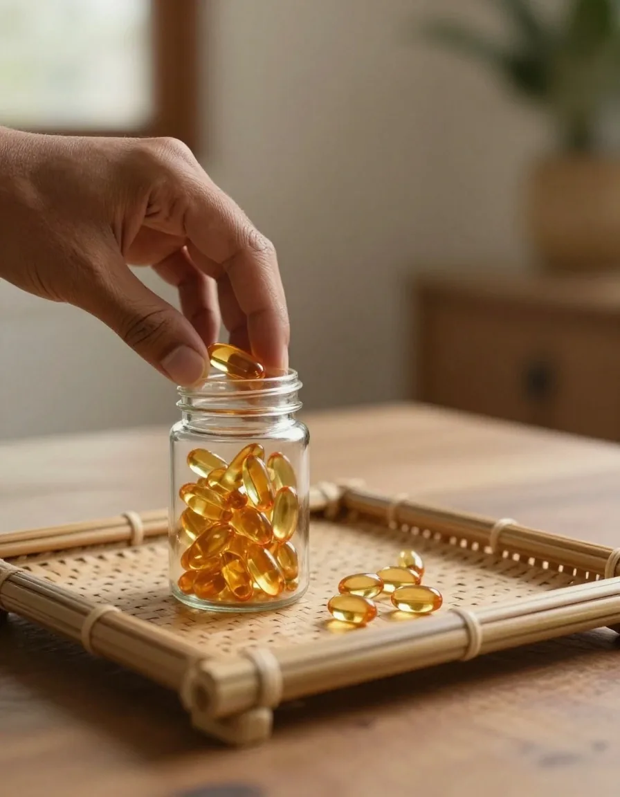 An amber softgel capsule held above a birch plank against a chalk studio sweep