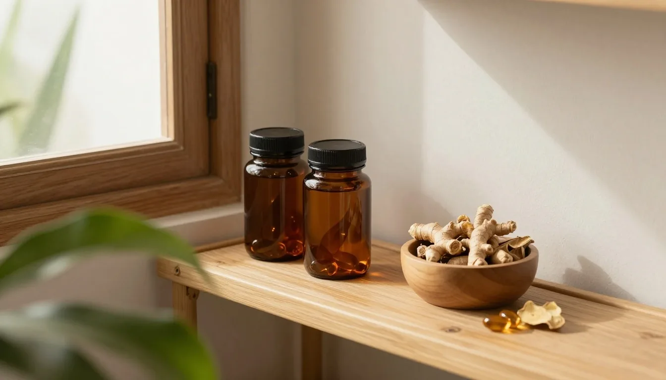 Amber softgel capsules and a glass apothecary jar resting on a birch plank in warm studio light