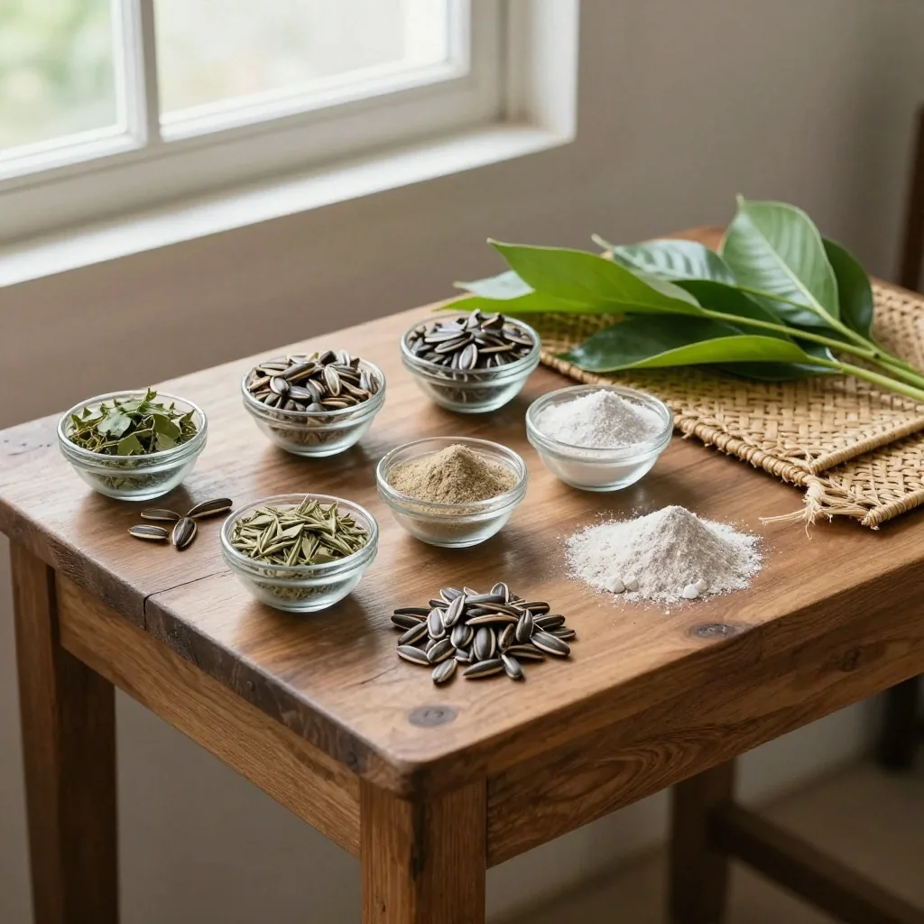 Raw ingredients and a dish of pale mineral powder laid out on a birch plank