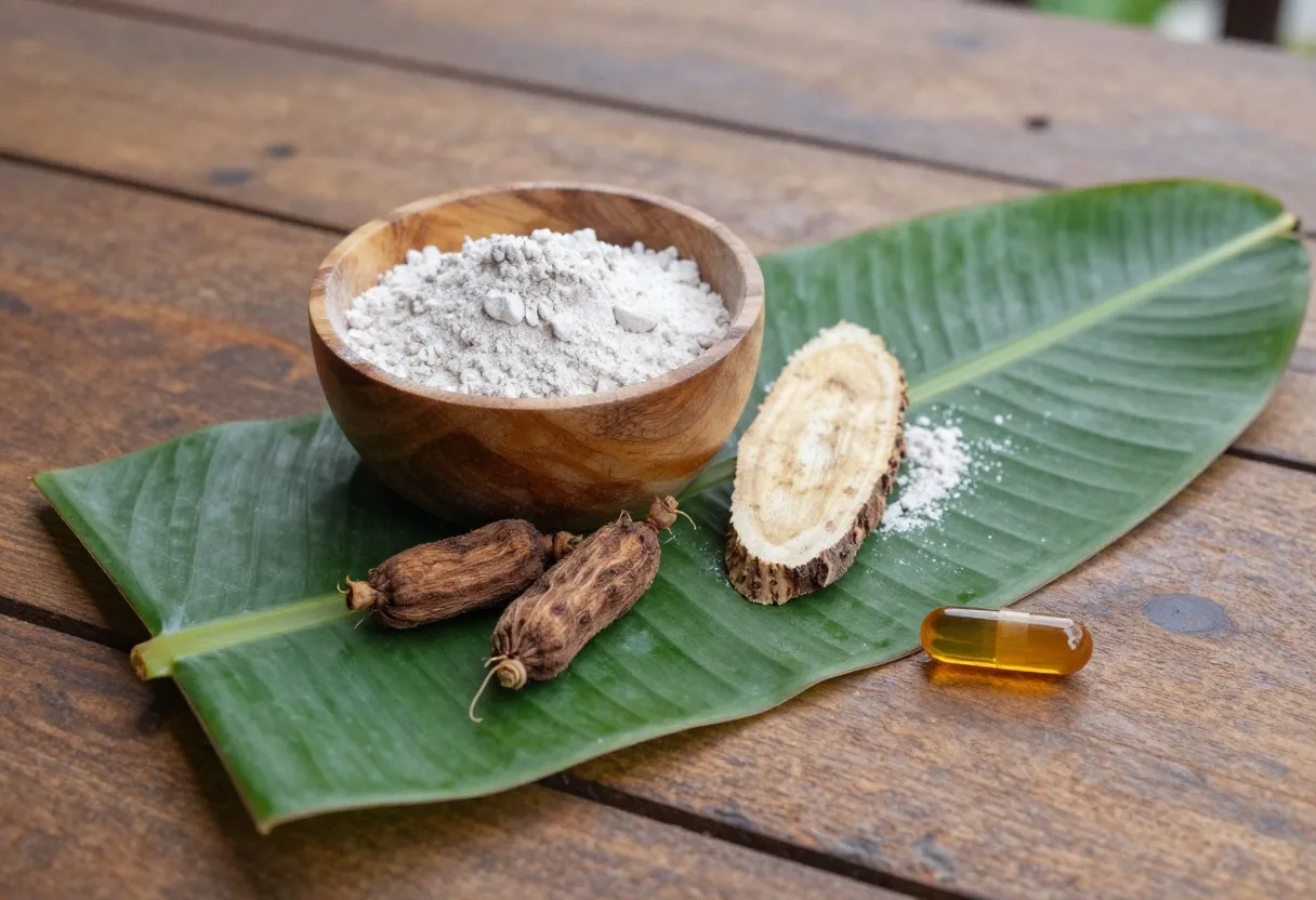 Dried botanical roots and seeds beside a bowl of powder on a birch plank