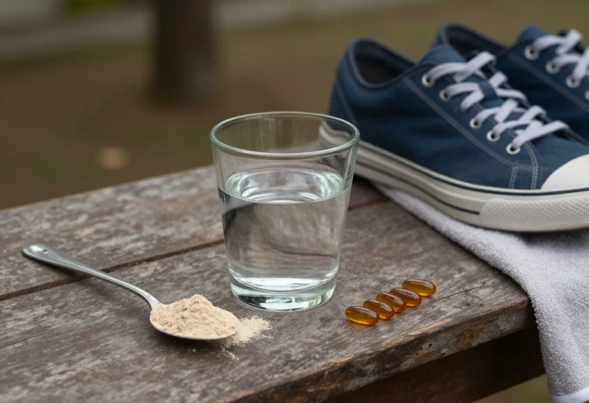 Glass of water with a scoop of energy powder and a row of amber capsules on a birch plank