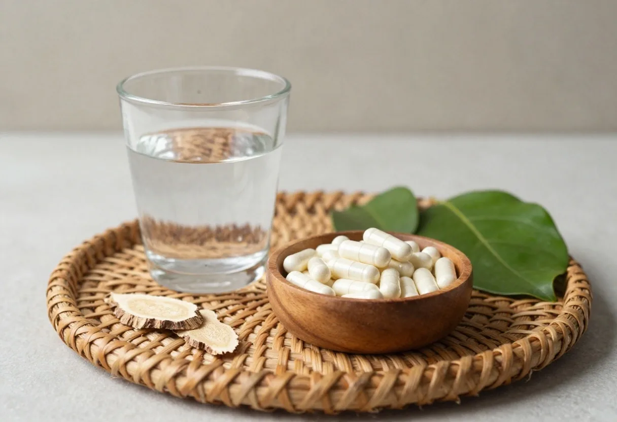 Weekly capsule organiser with everyday vitamin capsules beside dried botanicals on a birch plank
